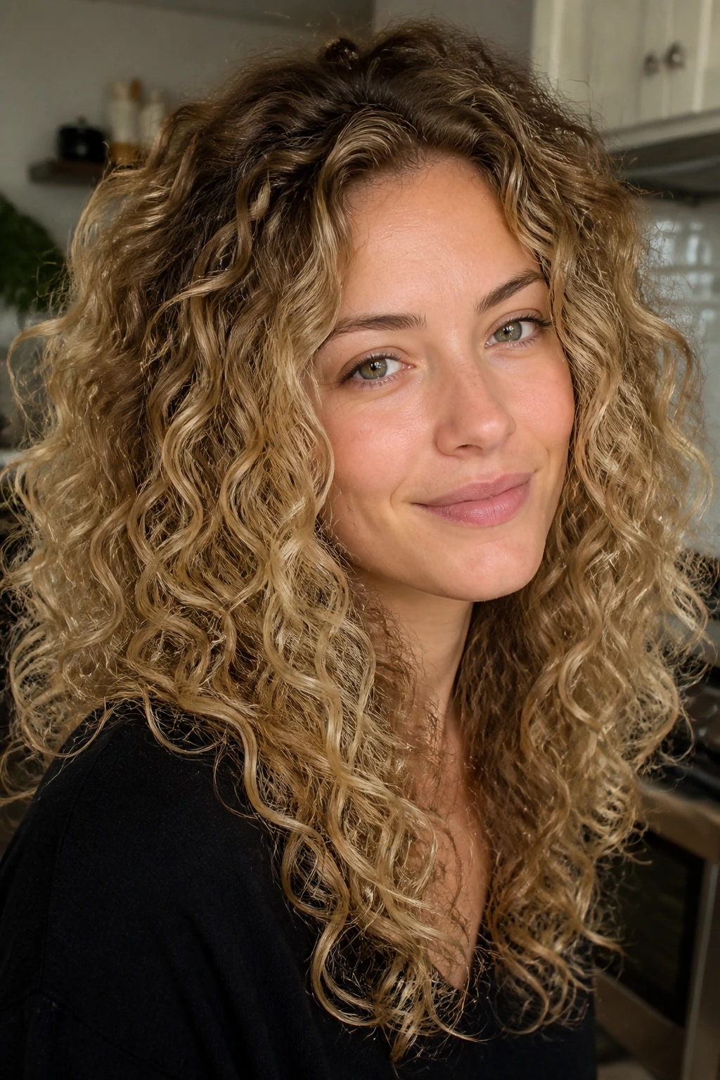 Close-up of curly hair with dirty blonde melt