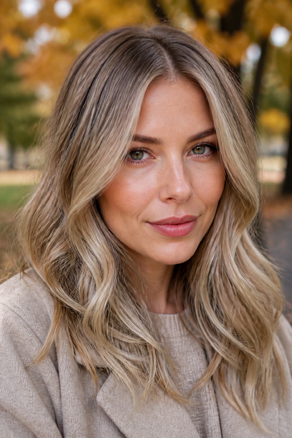 Close-up portrait of a real person with dirty blonde hair and neutral lowlights in park light