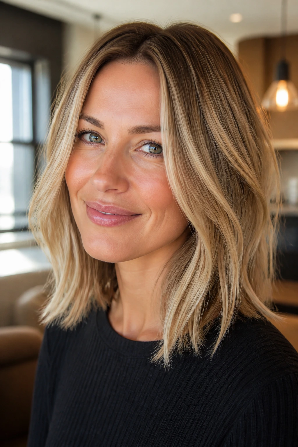 Close-up of a real woman with dirty blonde hair and fine bright ribbons