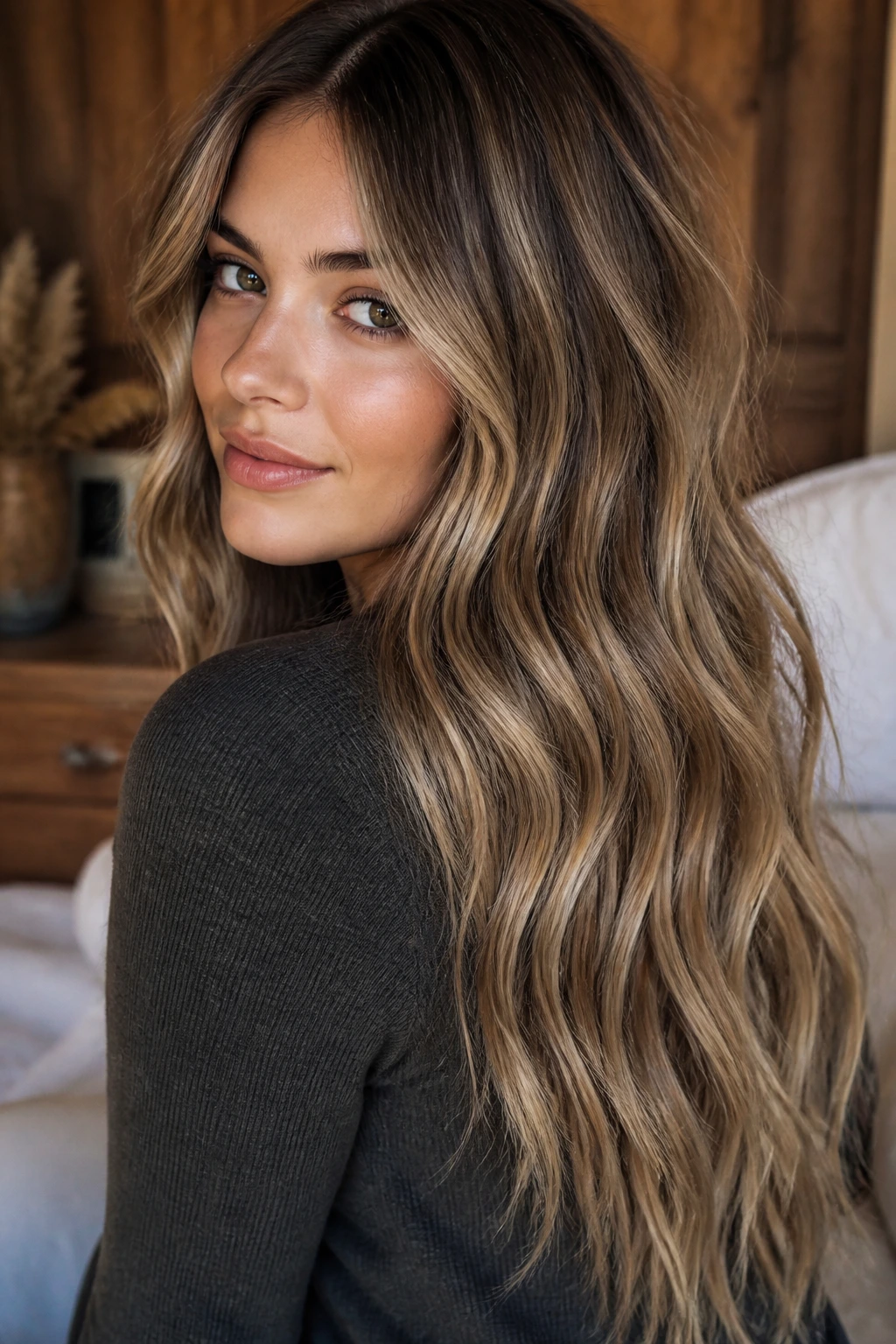 Portrait of dirty bronde balayage with dark base and lighter ribbons on a real person
