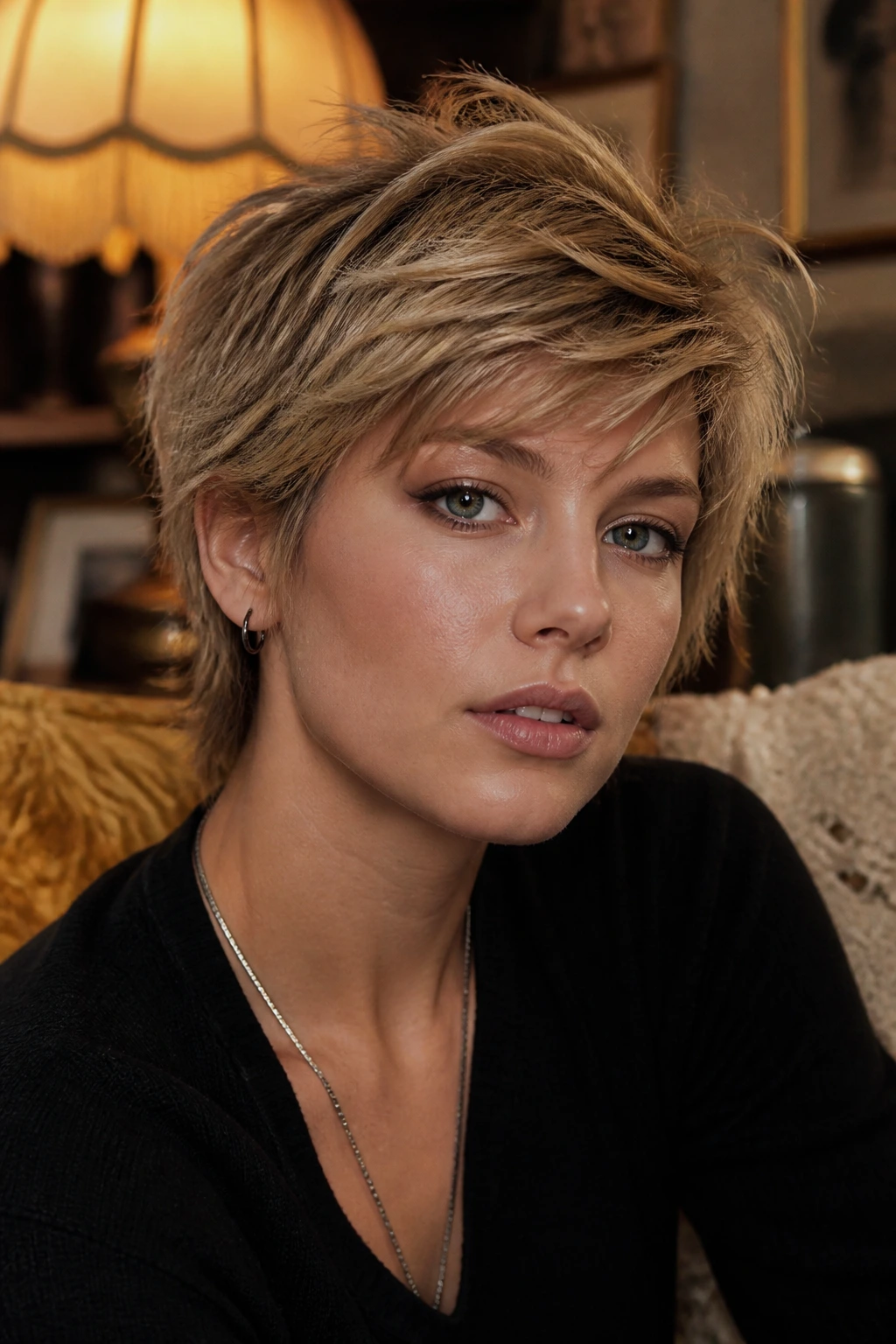 Close-up of a real person with a disco shag pixie featuring forward-swept fringe