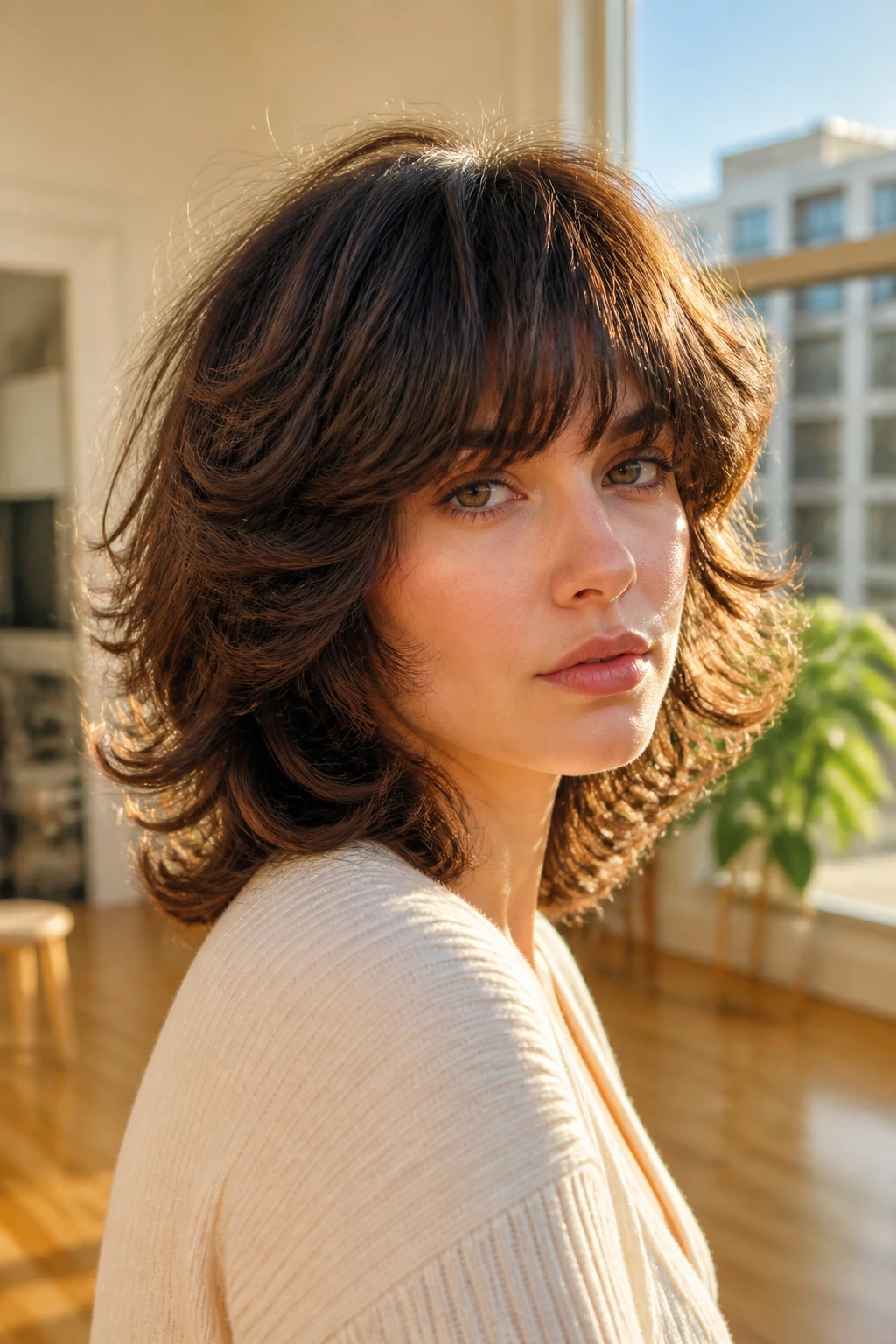 Real person with rounded disco shag ends in warm natural light.