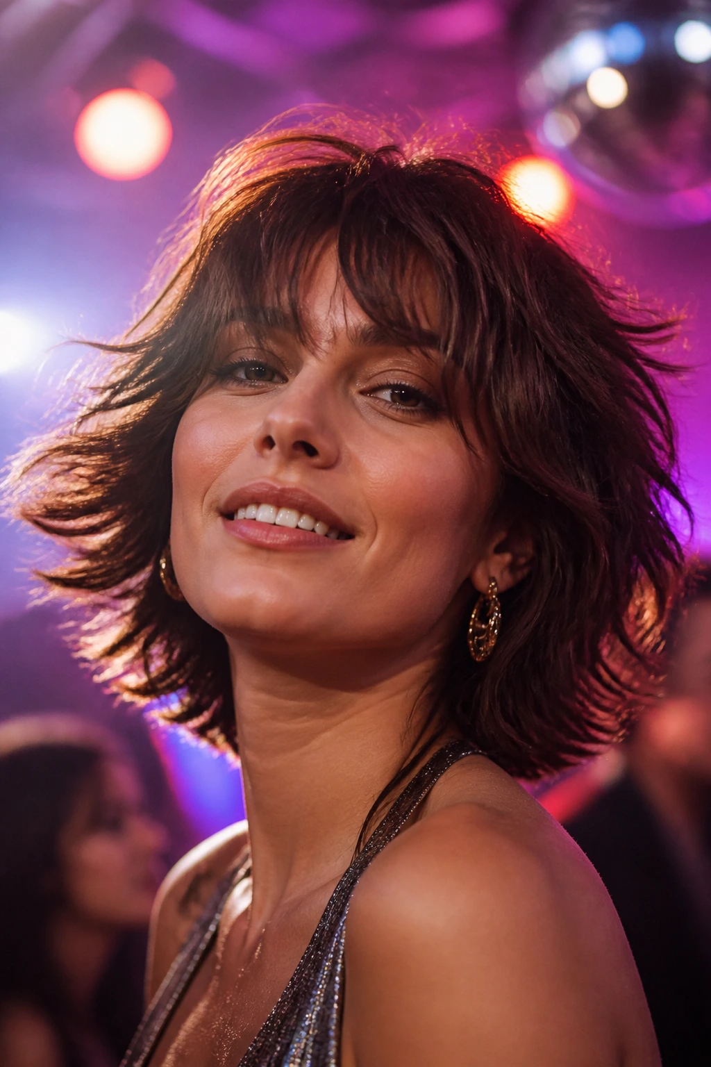 Close-up portrait of a real person with disco shag hairstyle and moving fringe in a club-like setting