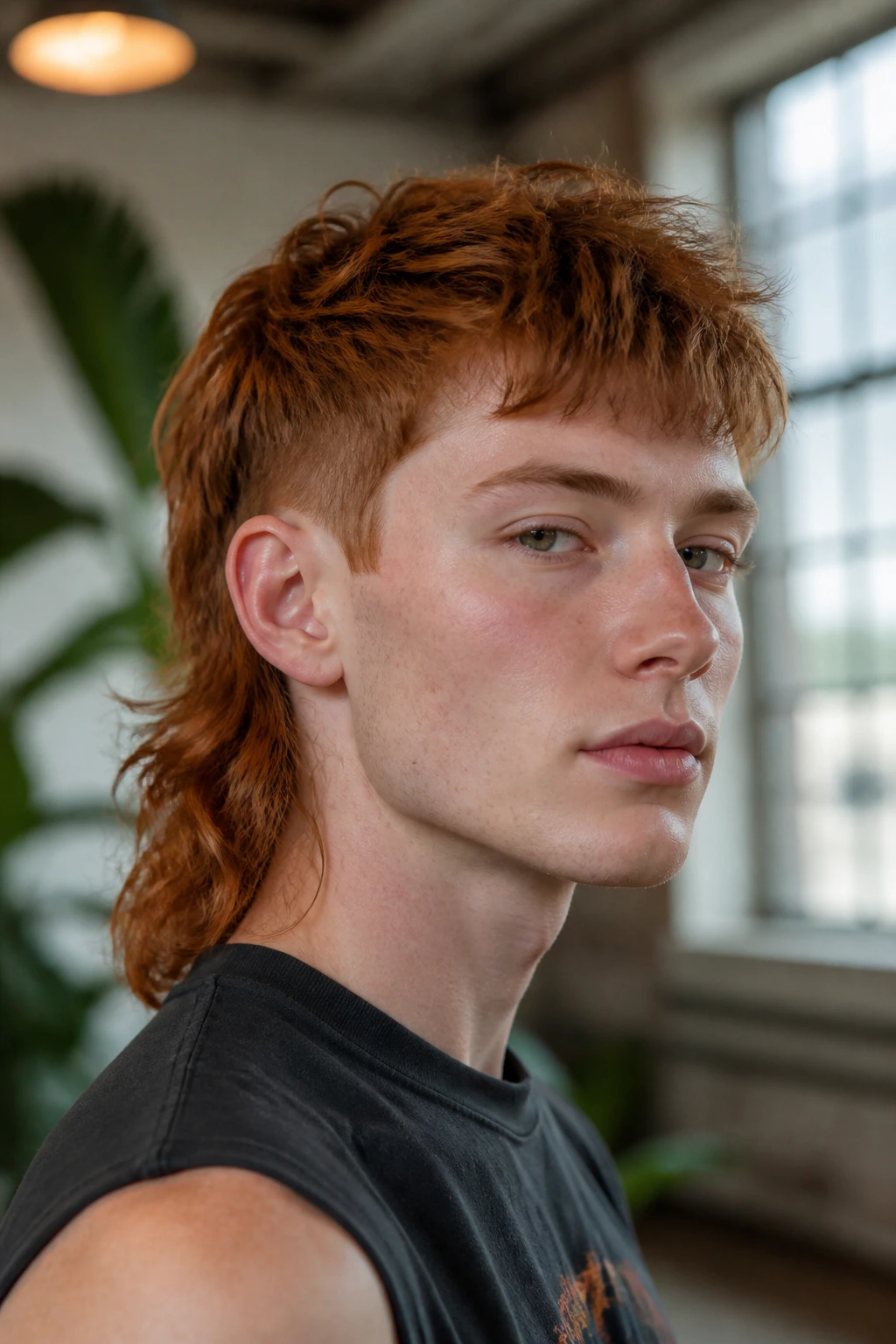 Close-up of a real person with a disconnected auburn mullet.