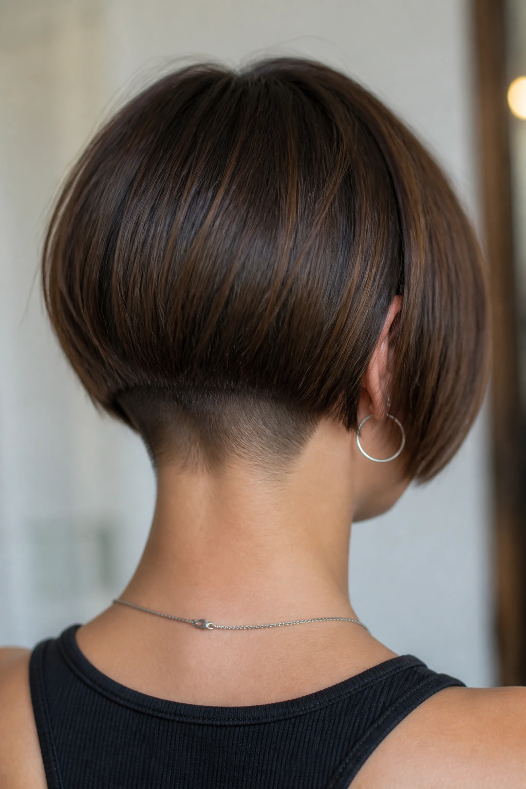 Portrait of a woman with a bob and a clean back panel