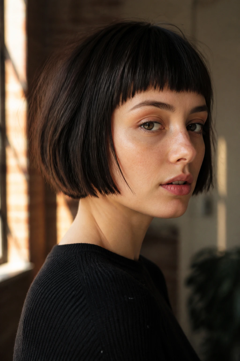 Close-up of a real woman with disconnected bob and chopped fringe