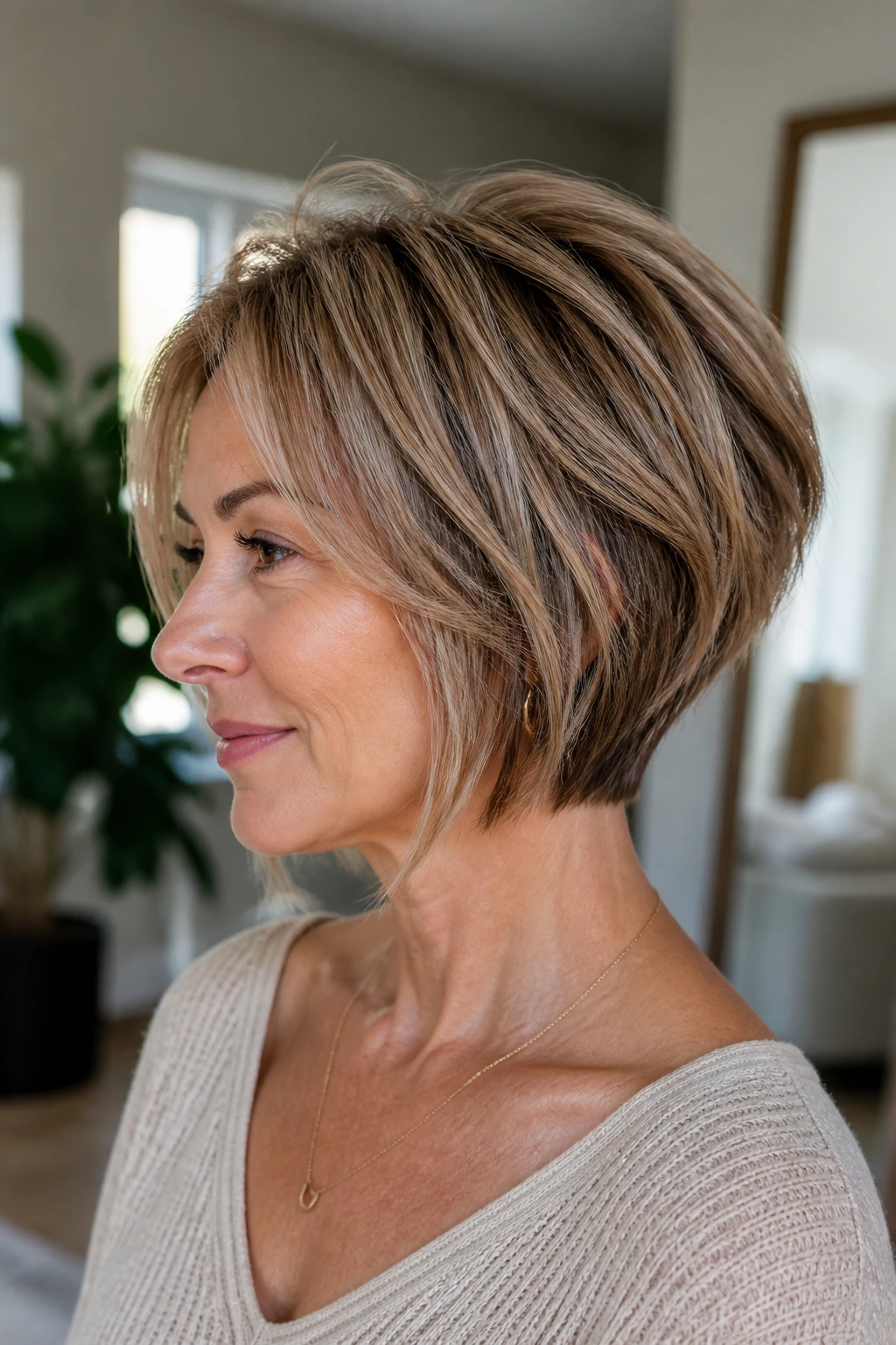 Portrait of a real woman with disconnected bob and hidden underlayers in home interior light.