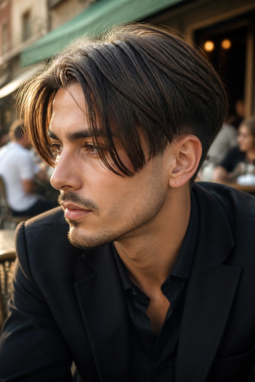 Man with a disconnected bob haircut, close-up outdoors at golden hour