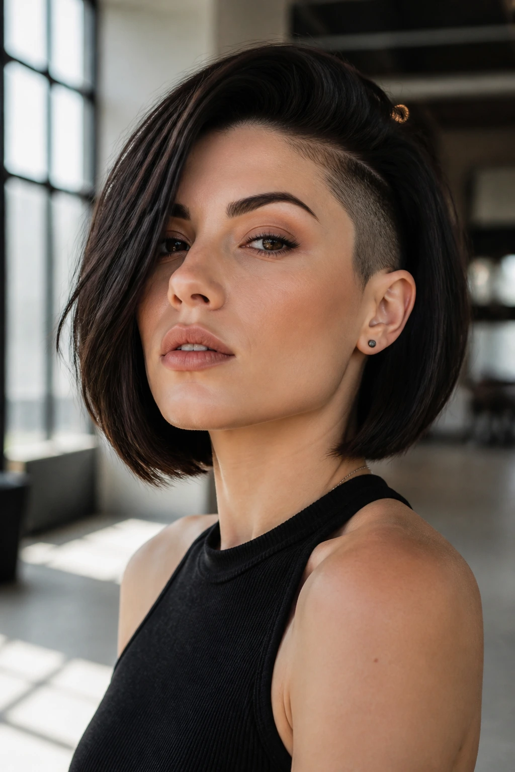 Woman with disconnected bob and clean side shave visible at jawline