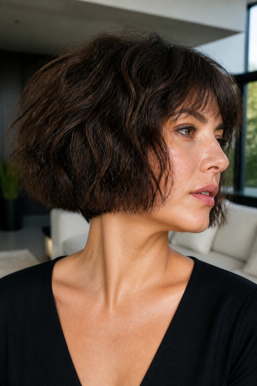 Close-up portrait of a real woman with a disconnected bob on thick frizzy hair in a sunlit living room