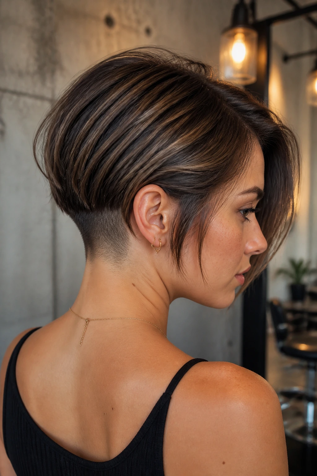 Close-up side portrait of disconnected bob with undercut nape on real woman