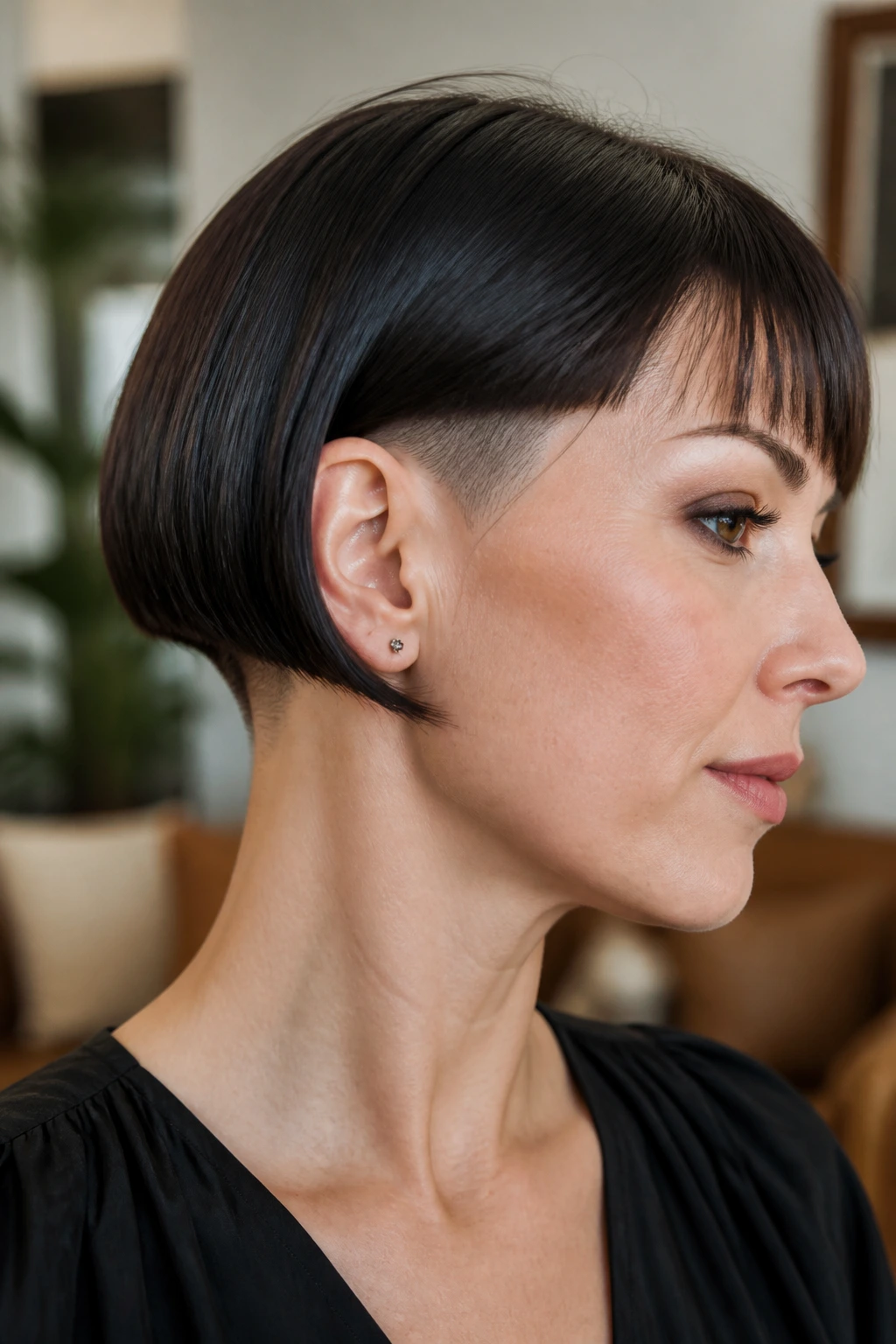 Portrait of a person with a disconnected bob undercut at jawline.