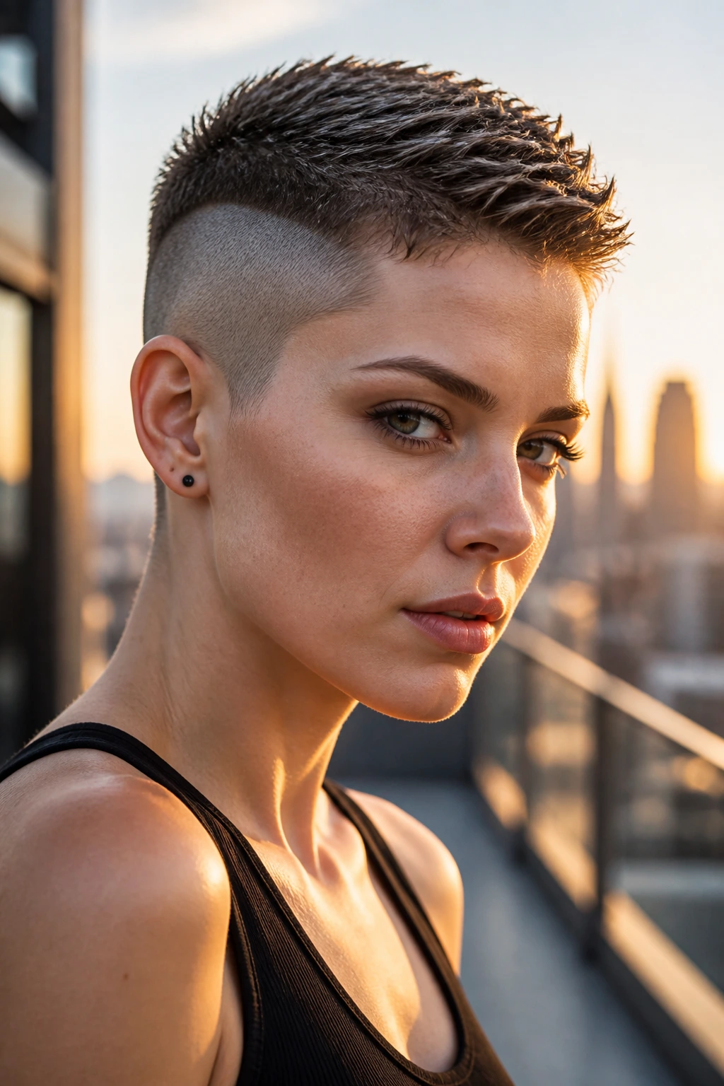 Close-up portrait of a real woman with a disconnected buzz on a rooftop at golden hour