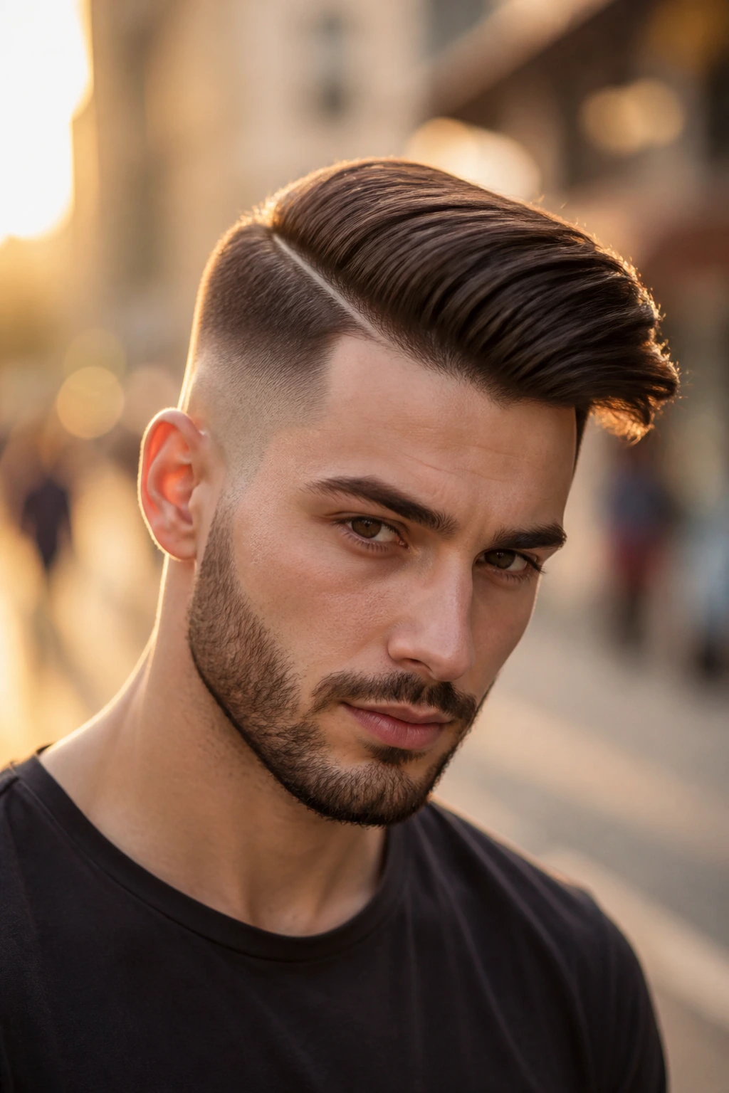 Close-up portrait of a man with a high-contrast disconnected comb over hairstyle