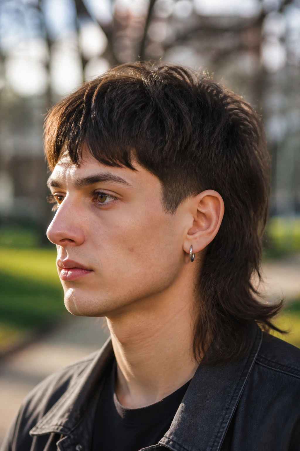 Close-up portrait of a real person with disconnected crown mullet in a park setting
