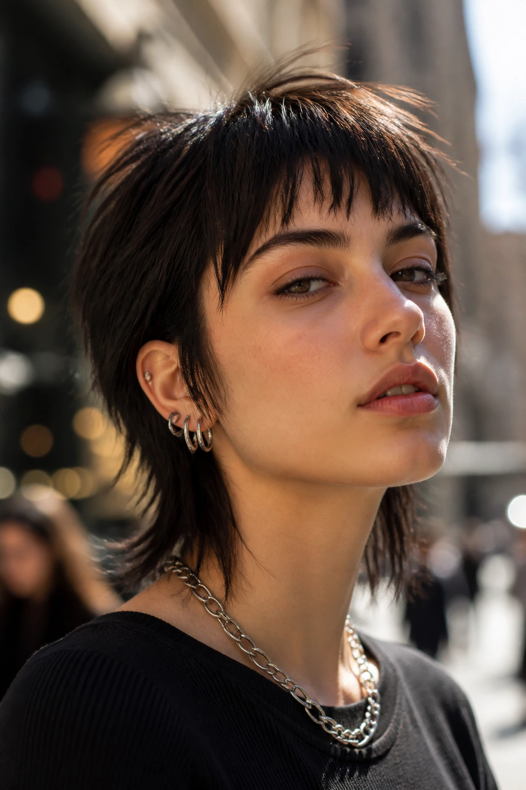 Close-up of a real person with a disconnected crown wolf cut in city street light