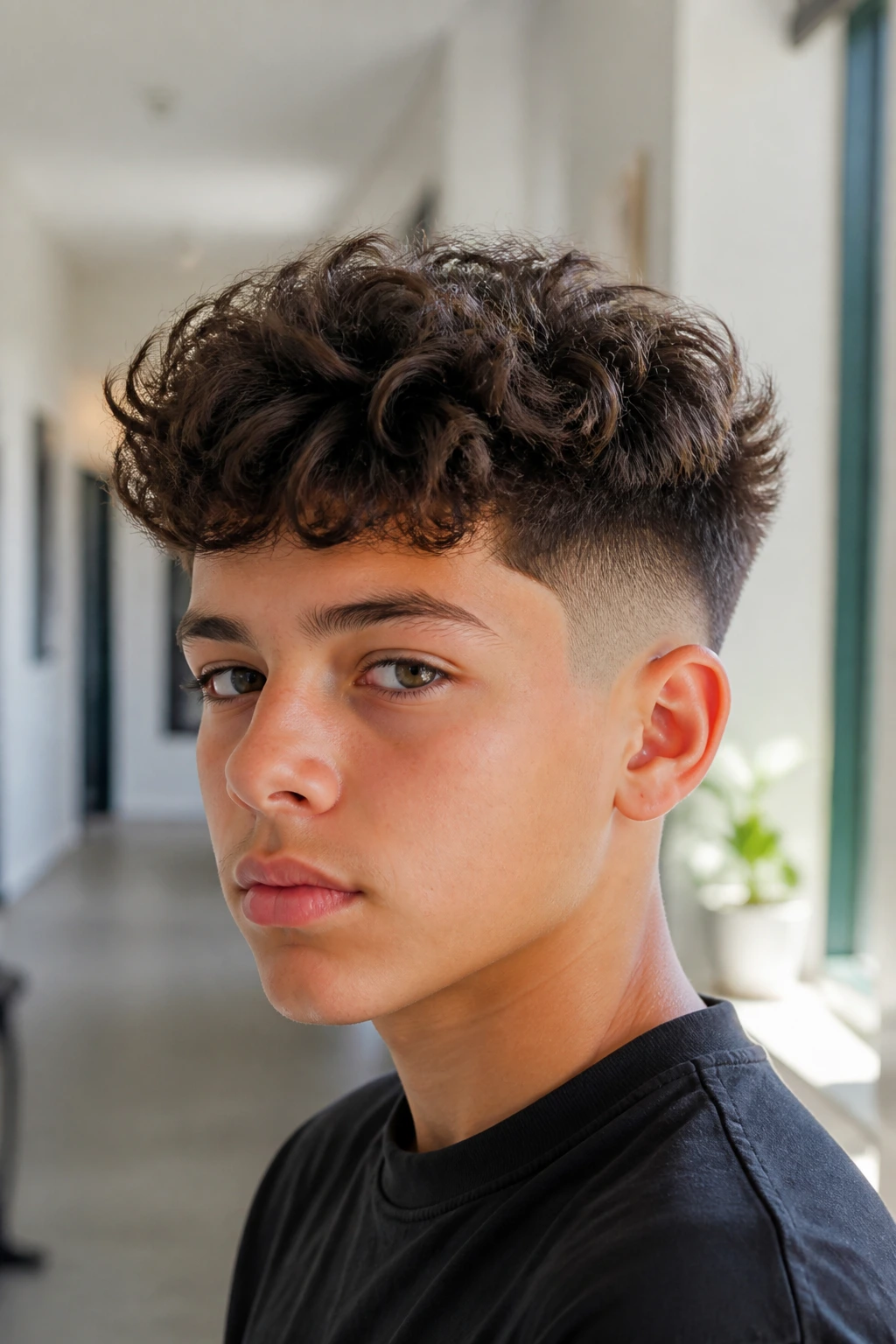 Boy with a disconnected curly fade showing a clear top-to-side disconnect