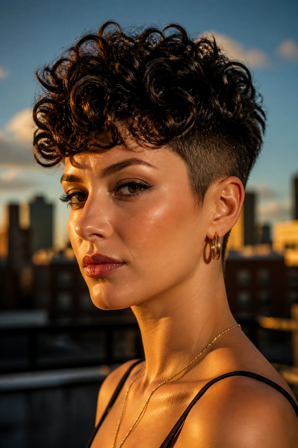 Close-up of a real woman with a disconnected curly pixie showing a visible top-to-sides contrast