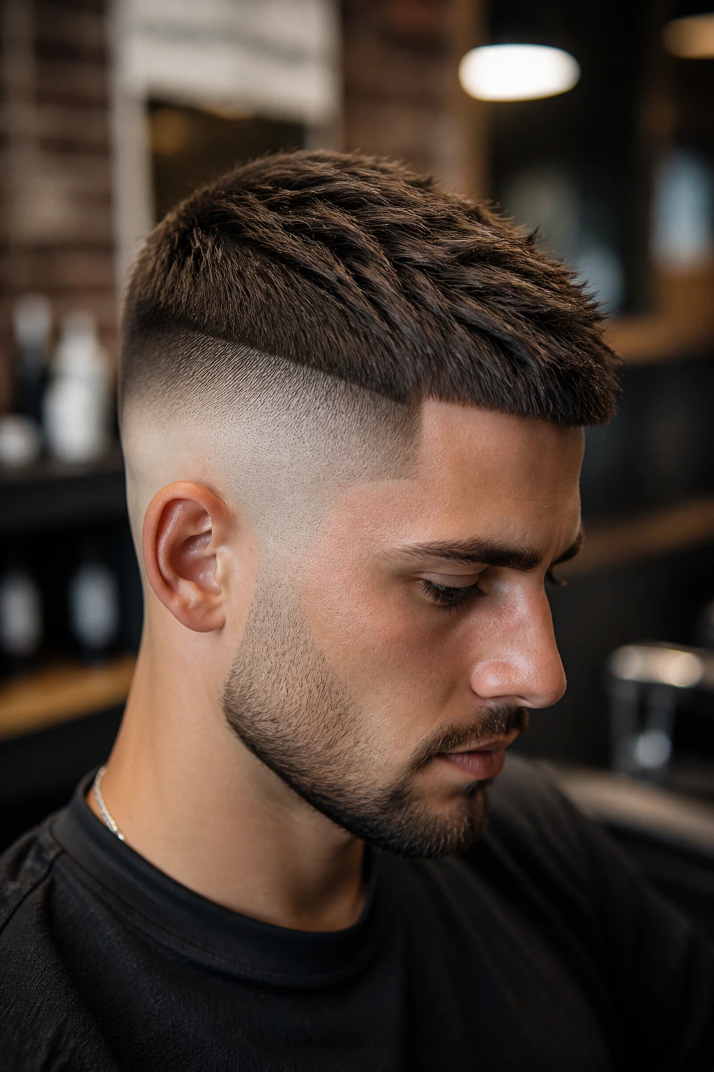 Close-up of a man with a disconnected fade and short textured top