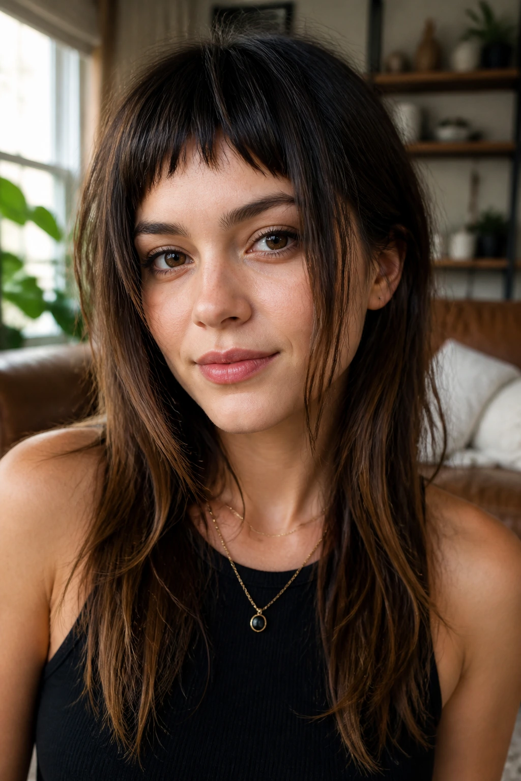 Close-up portrait of a real woman with disconnected fringe and face-framing pieces in warm natural light.