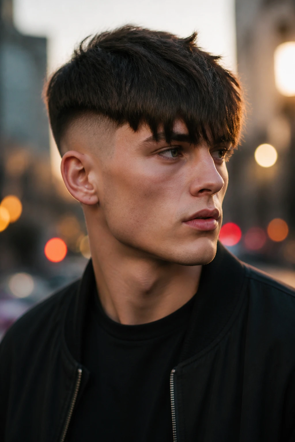Close-up of man with disconnected fringe hairstyle in urban street setting