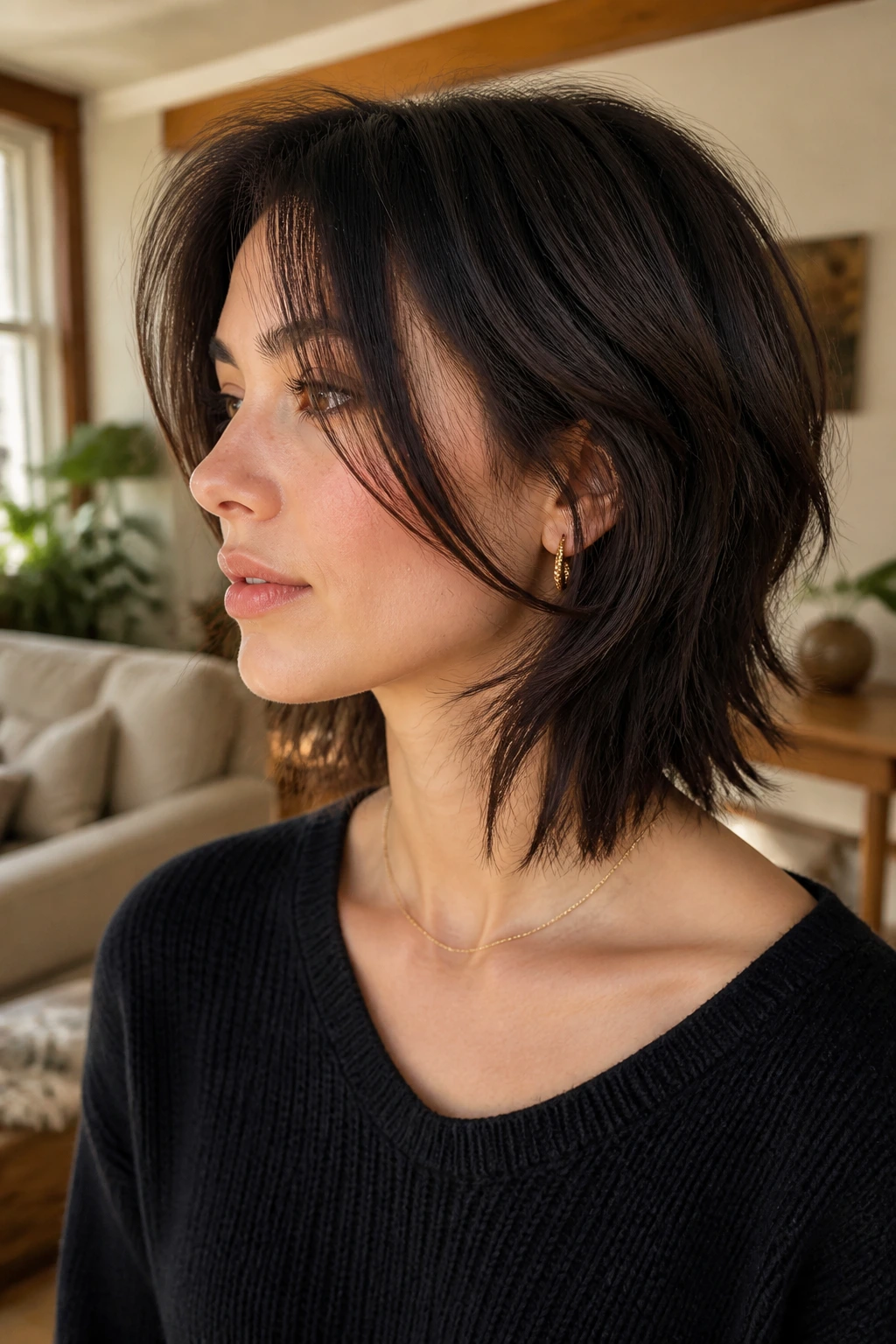 Close-up portrait of a real person with a disconnected front and soft-back hairstyle in warm window light.