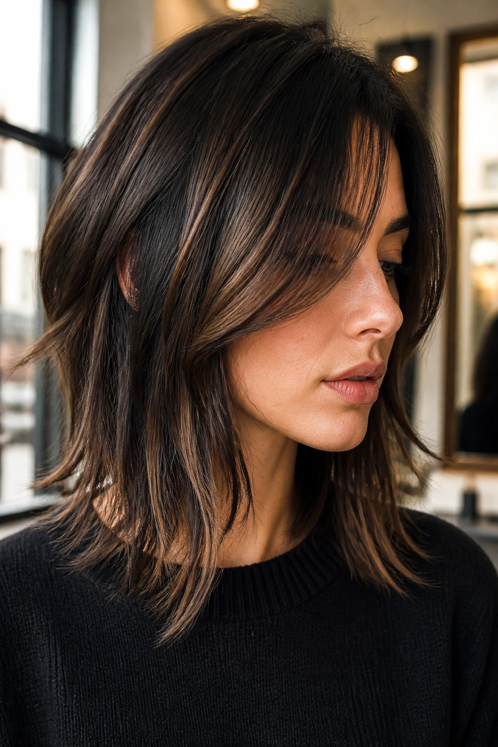 Close-up portrait of real person with disconnected layers and long peekaboo bangs