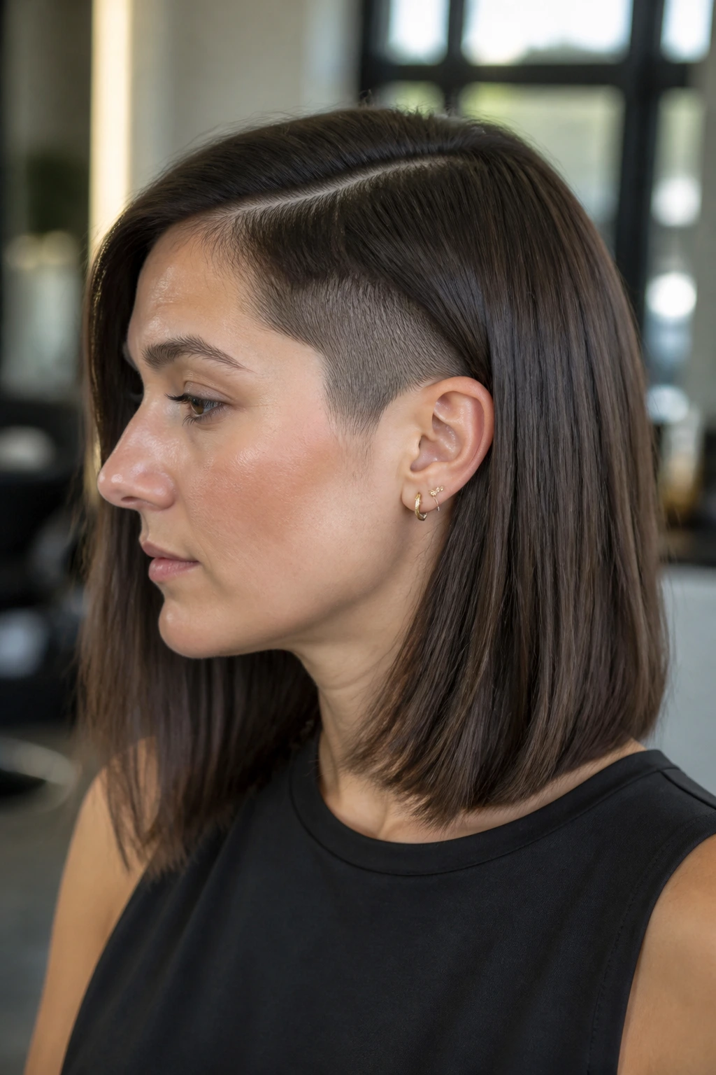 Close-up portrait of a real woman with a disconnected lob undercut in a sunlit salon