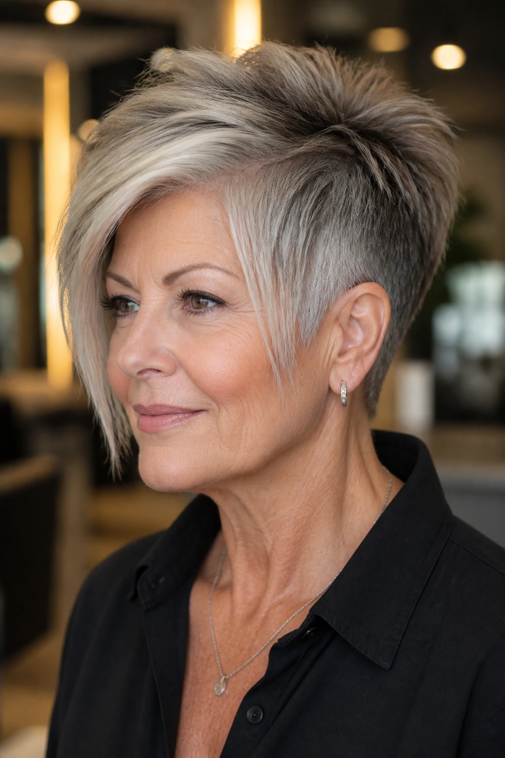 Close-up of an older woman with a disconnected long-front crop
