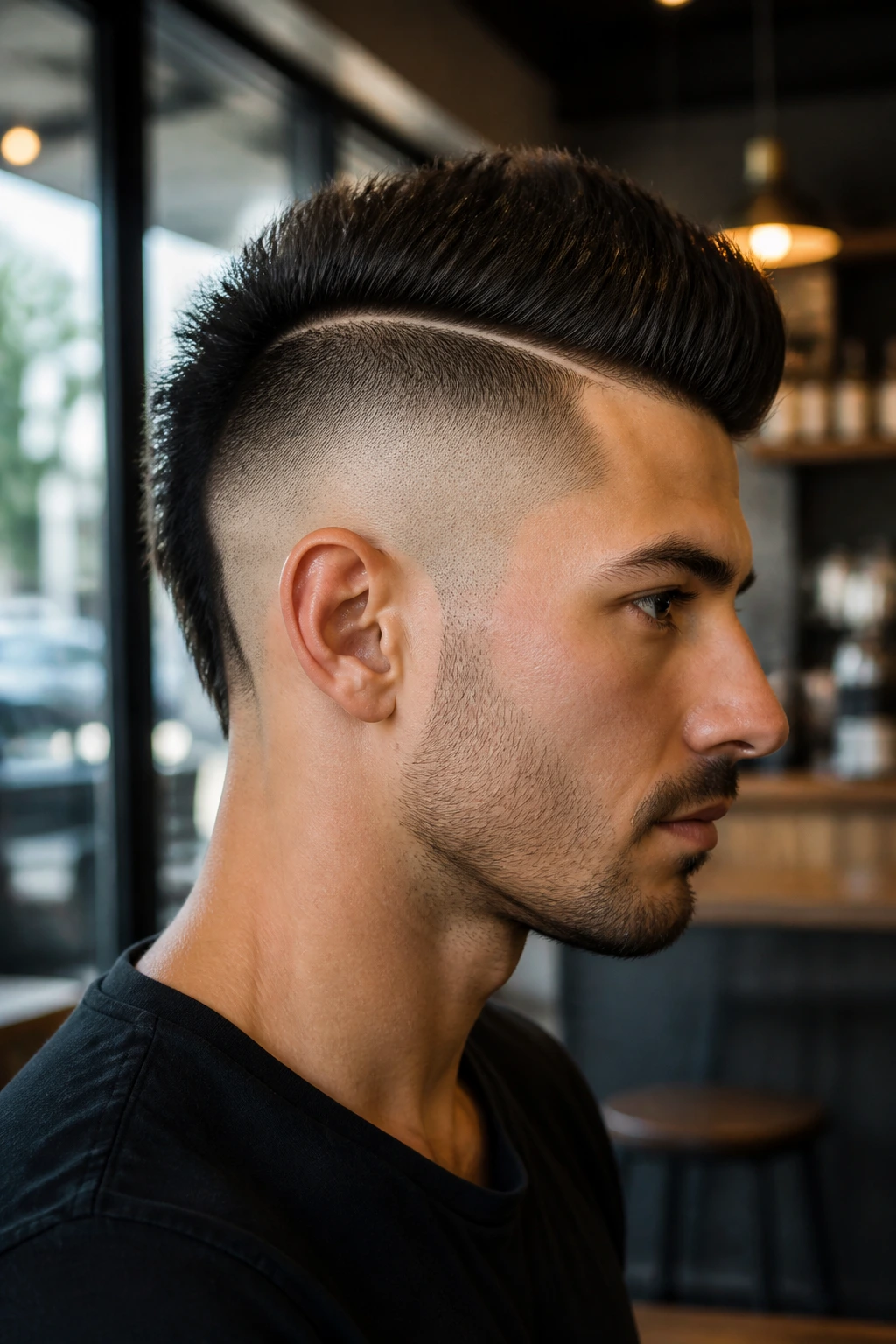 Portrait of a man with a disconnected undercut mohawk in an urban cafe