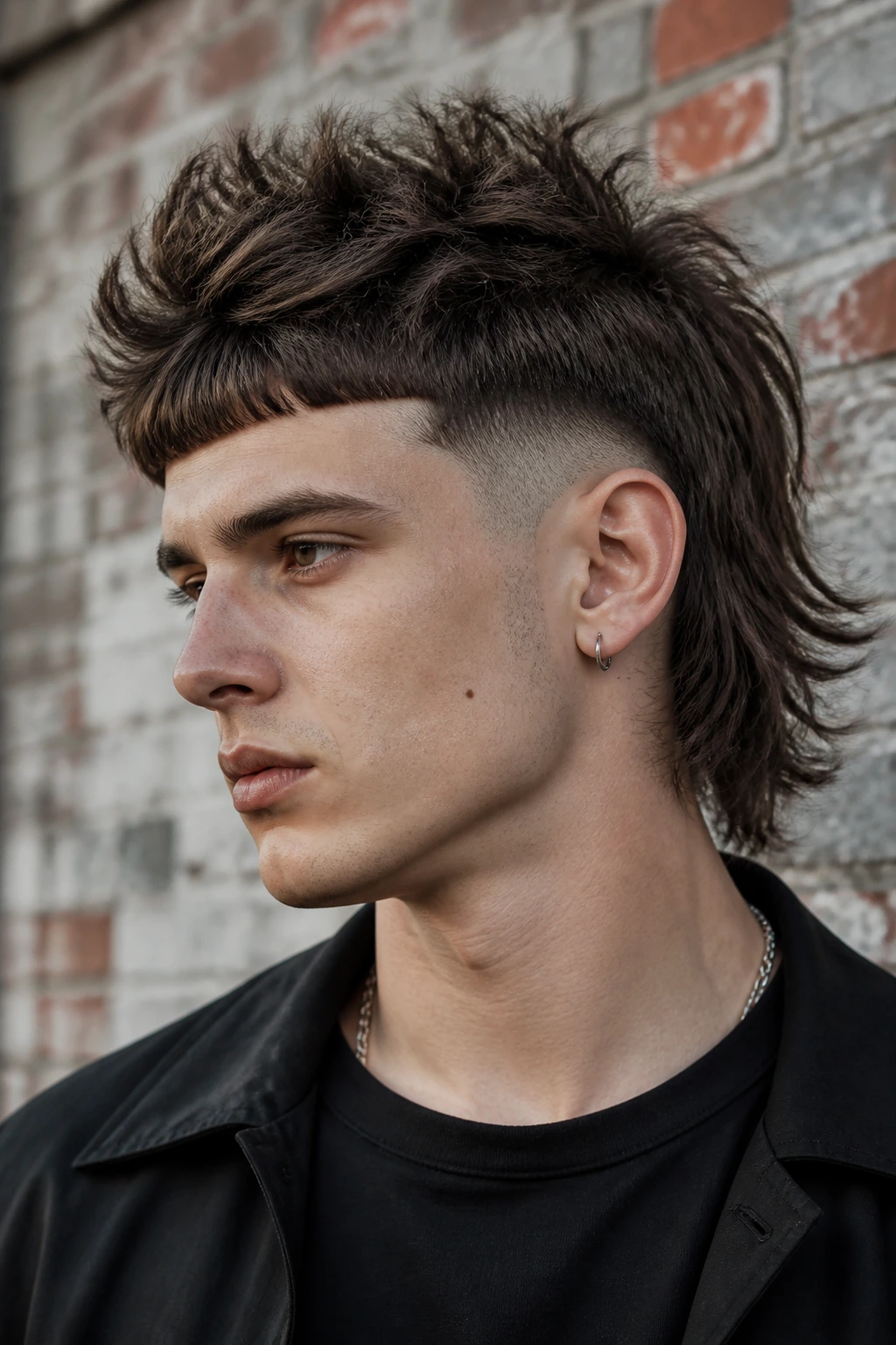 Close-up portrait of a real person with a disconnected mullet and hard edge