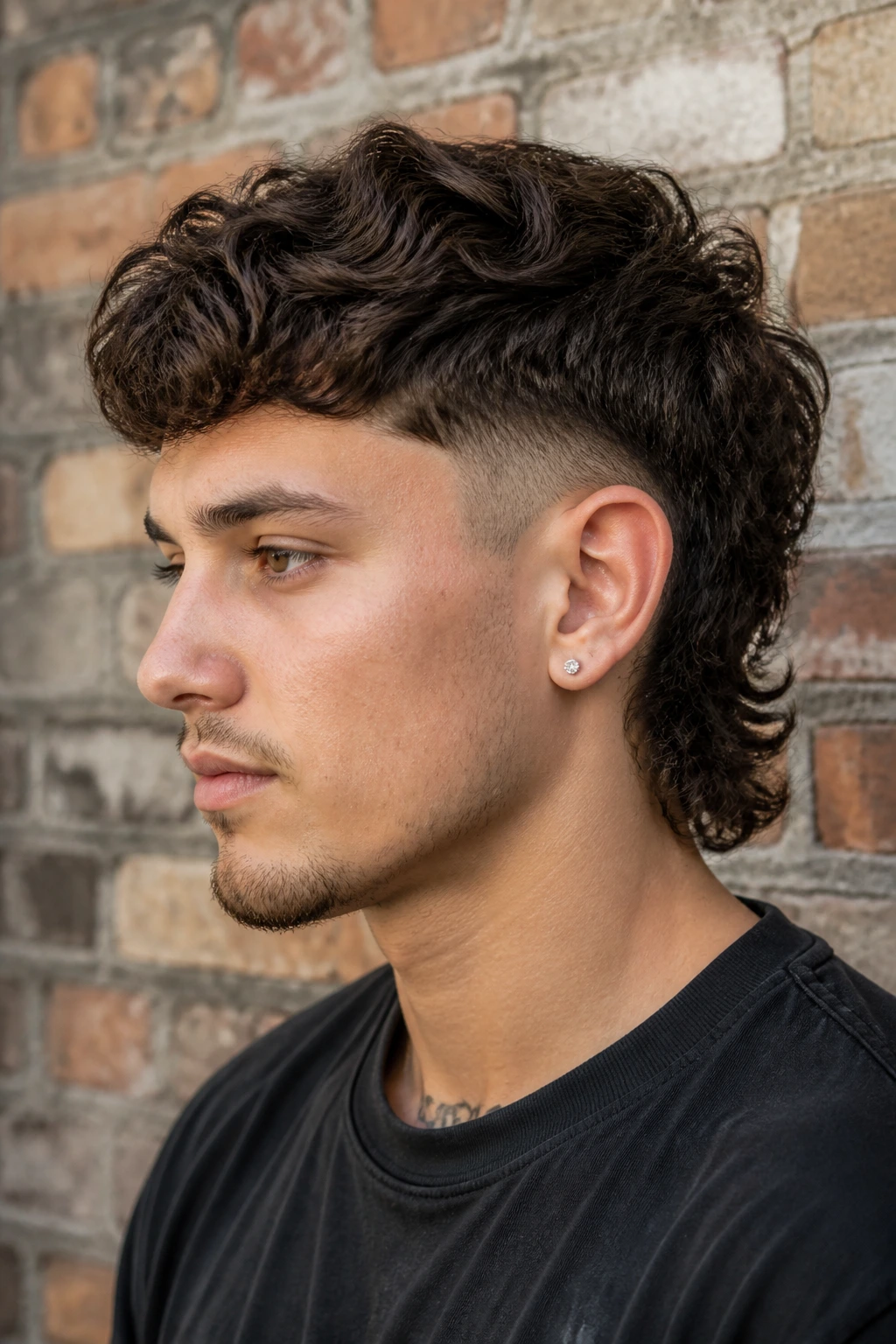 Close-up of a real person with a disconnected mullet showing a sharp side line and longer crown.