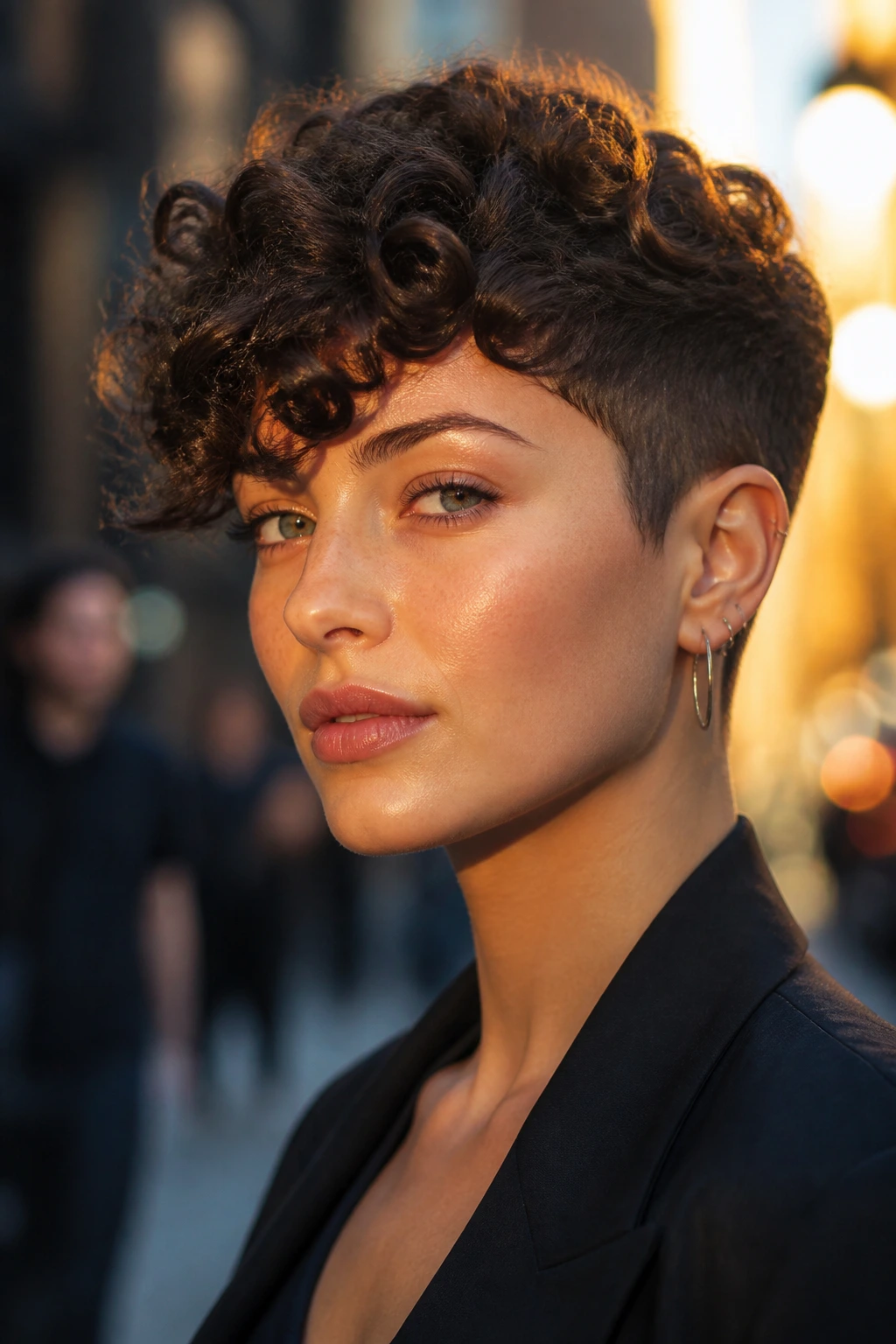 Close-up of person with disconnected curly pixie showing short sides and longer top; urban golden hour