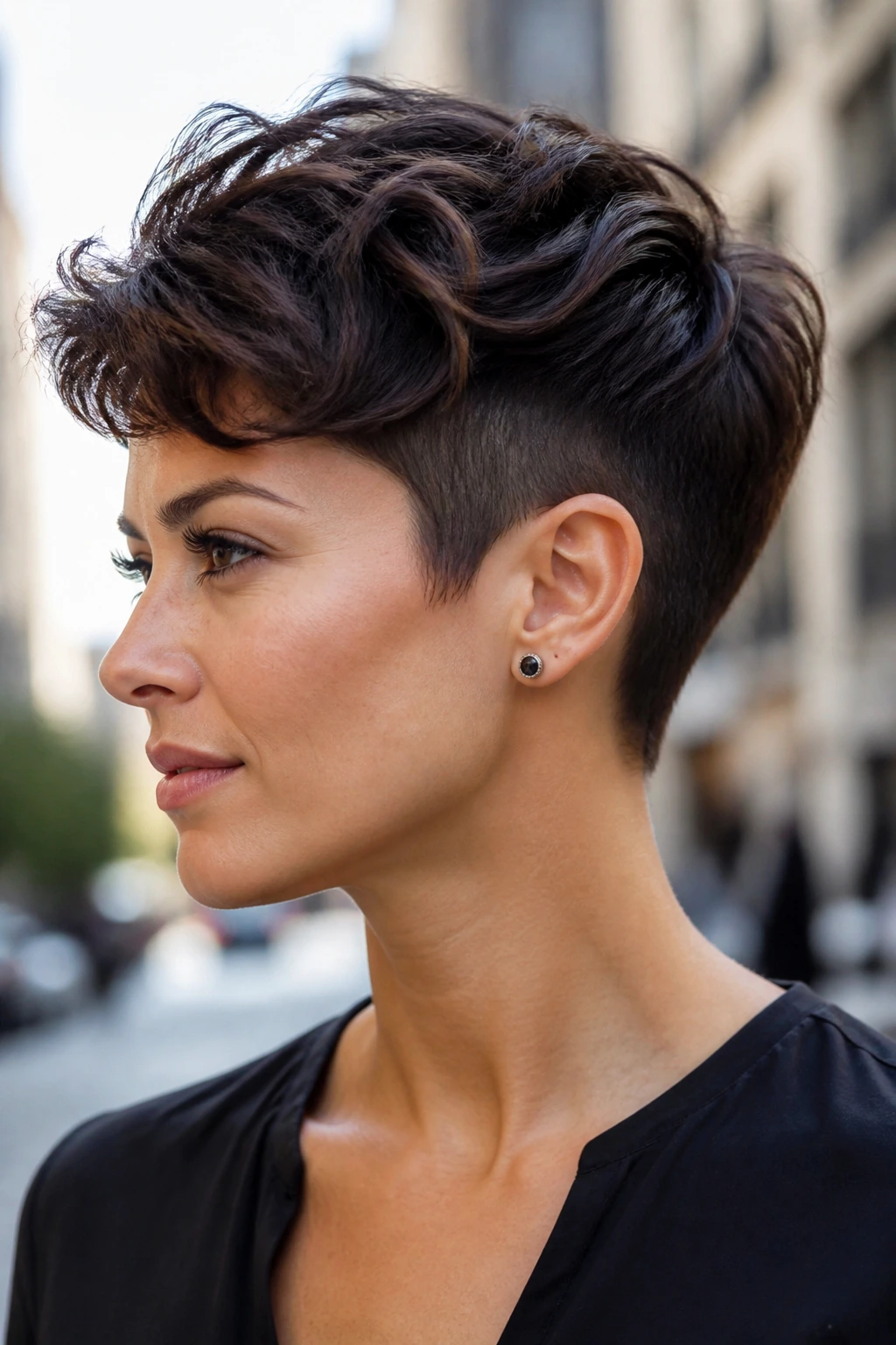 Close-up portrait of a real woman with a disconnected pixie cut showing a crisp top-to-sides contrast.