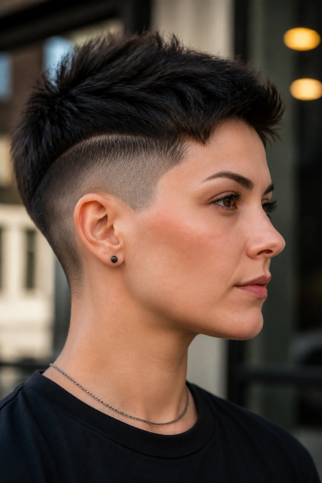 Portrait of person with disconnected pixie fade and high-contrast edges