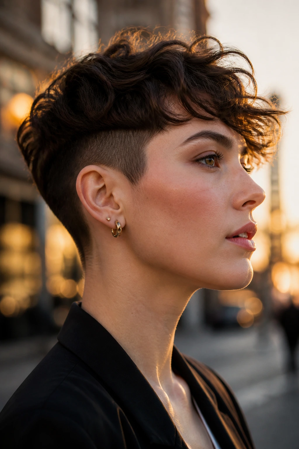 Side-profile of a woman with a clearly disconnected pixie at the crown and sides