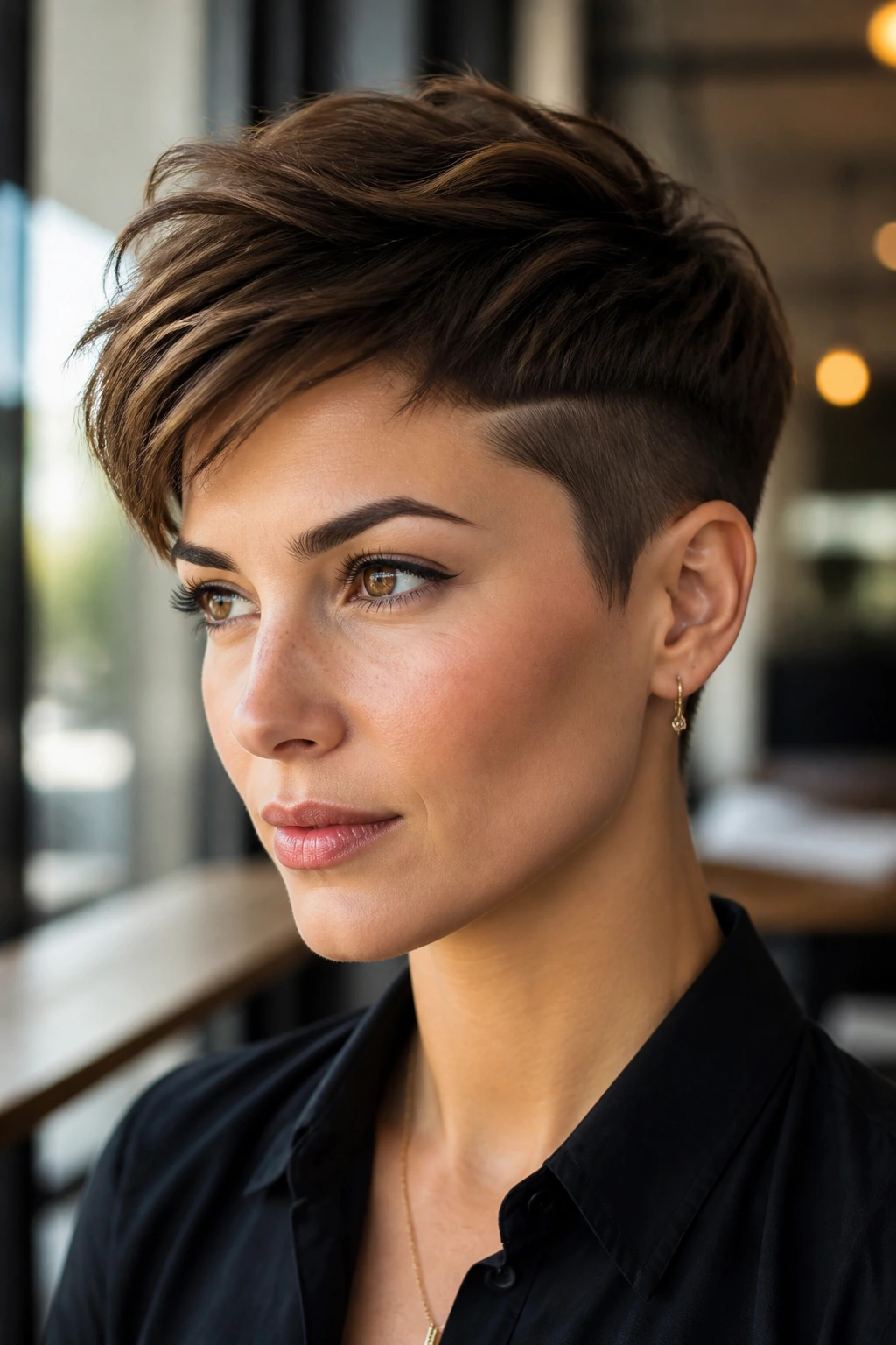 Close-up of a real woman with a Disconnected Pixie showing a visible top-to-sides disconnect