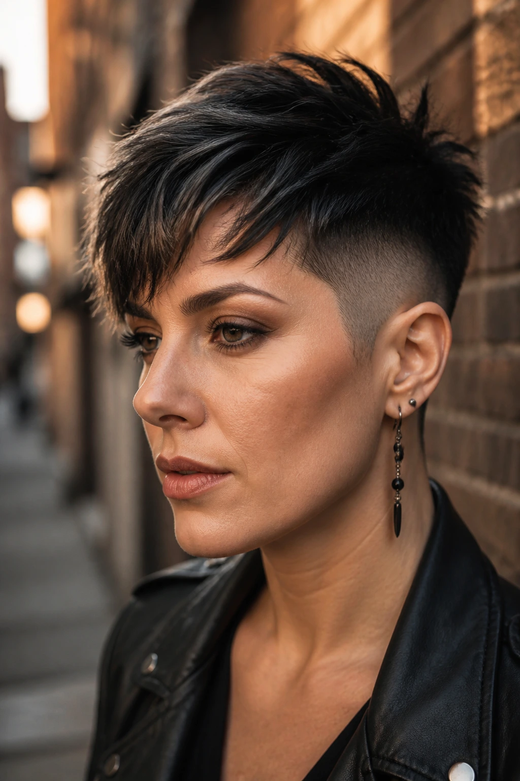 Close-up of a real woman with a disconnected pixie hairstyle featuring a long textured top and ultra-short sides