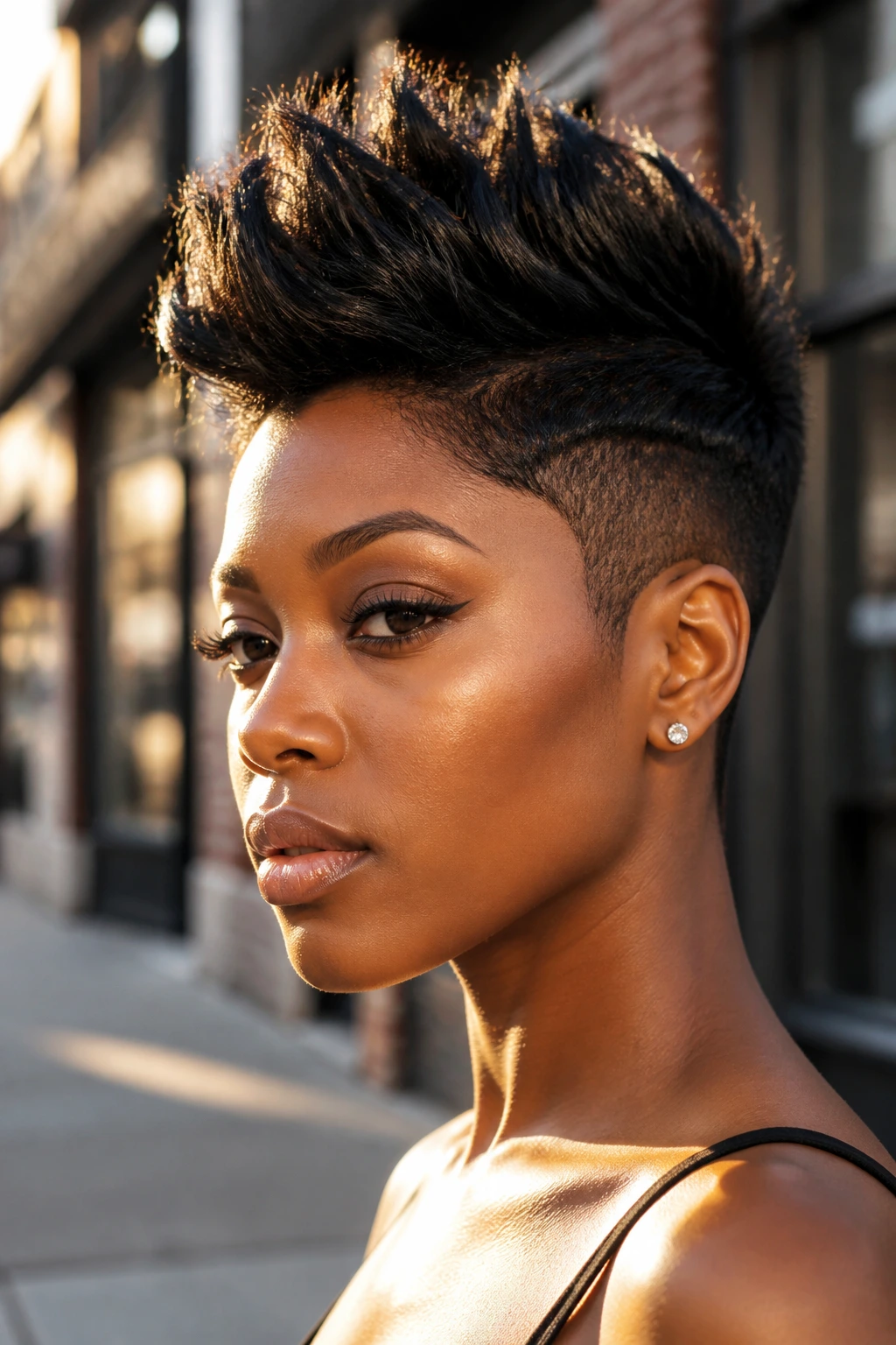 Close-up portrait of a Black woman with a disconnected pixie and extra-height top