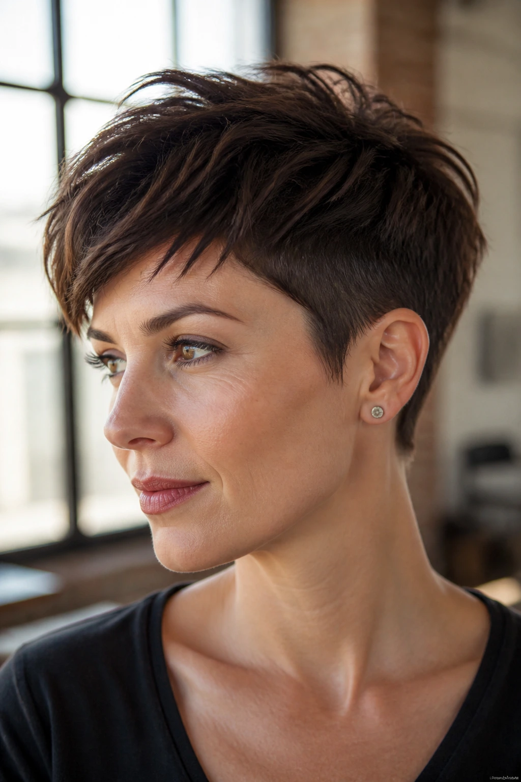 Close-up of a real woman with a disconnected pixie showing intentional length gaps