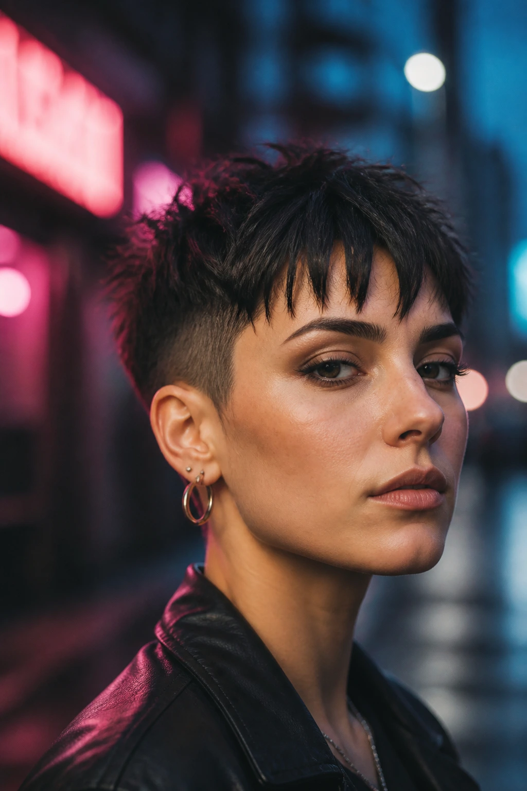 Close-up portrait of a real person with a disconnected pixie and piecey bangs on a moody city street.
