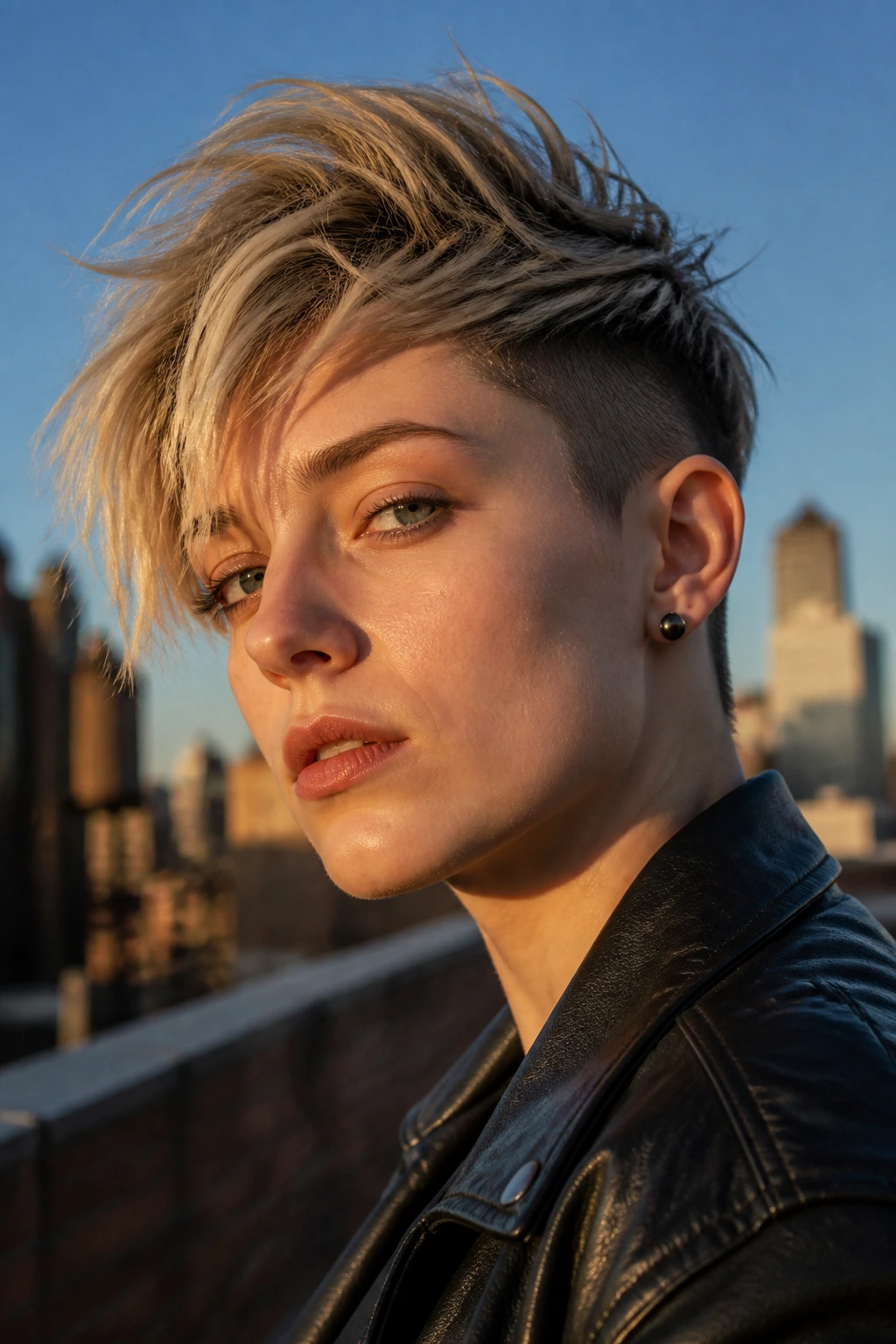 Real person with a disconnected punk pixie on an urban rooftop at sunset