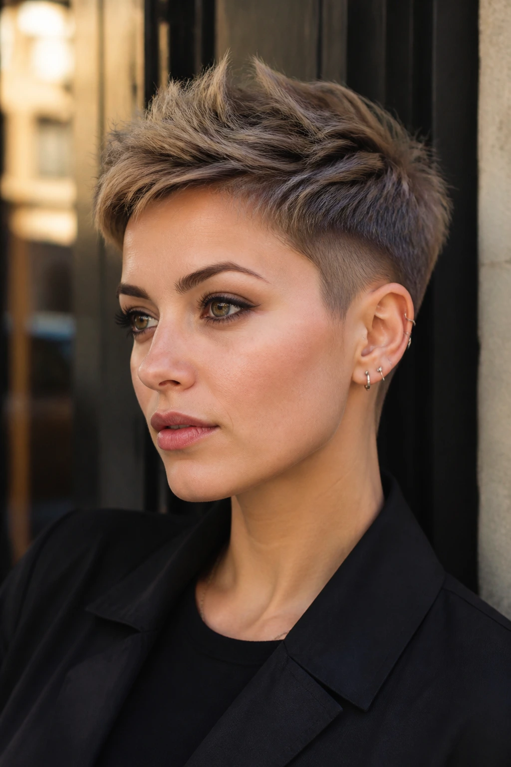 Close-up portrait of a real woman with a disconnected pixie showing sharp length contrast