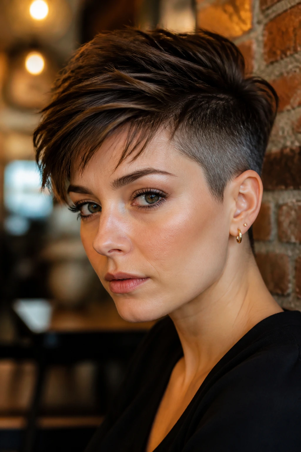 Close-up of a real person with a disconnected pixie and short sides in cafe lighting