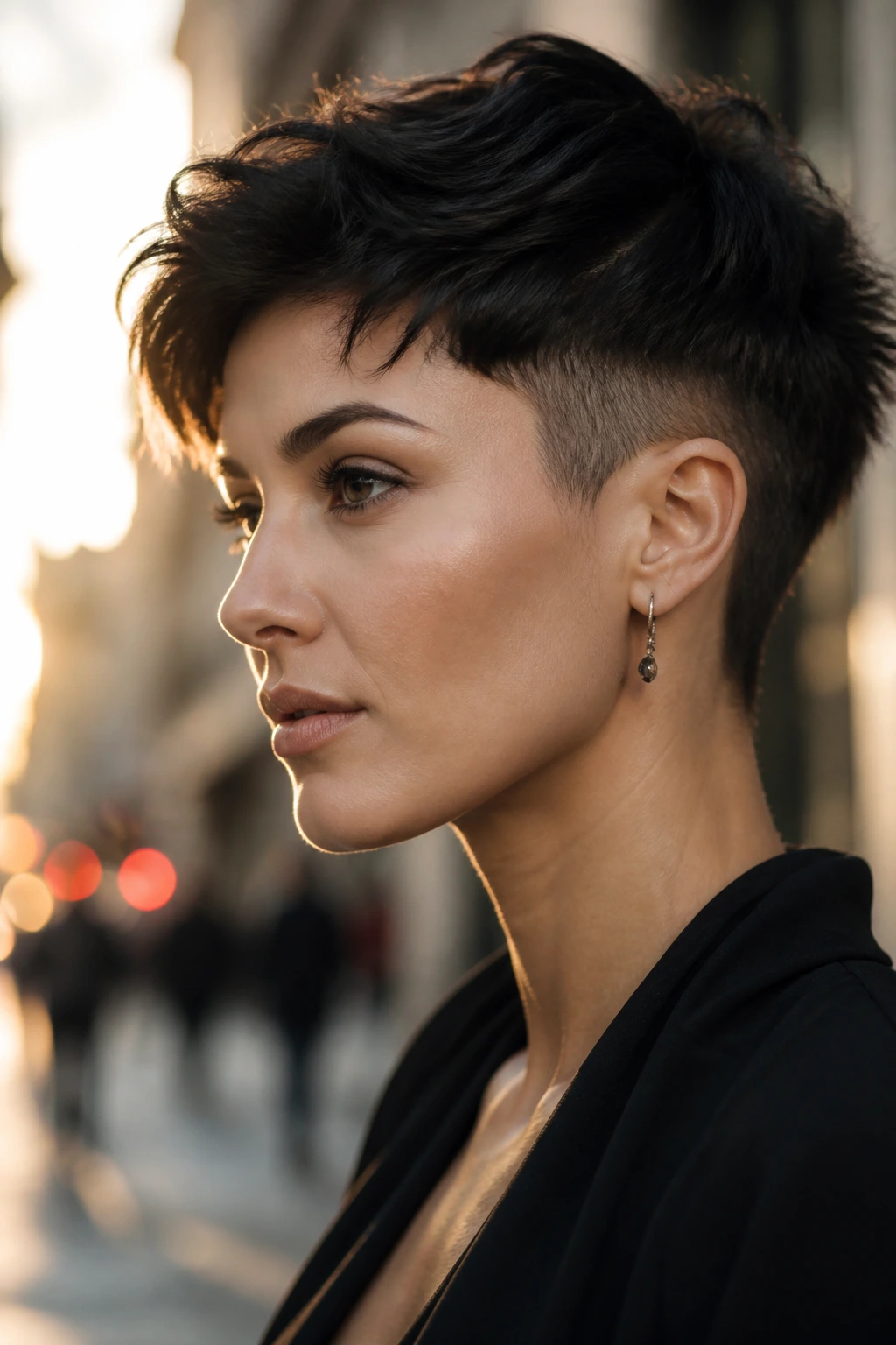 Portrait of a real person with a disconnected pixie showing clear top-to-sides separation