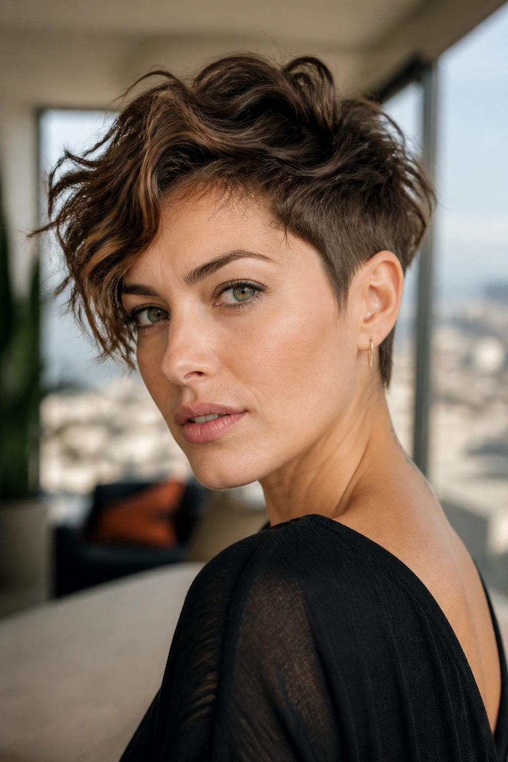 Portrait of a real woman with a disconnected pixie and soft waves against a city apartment background