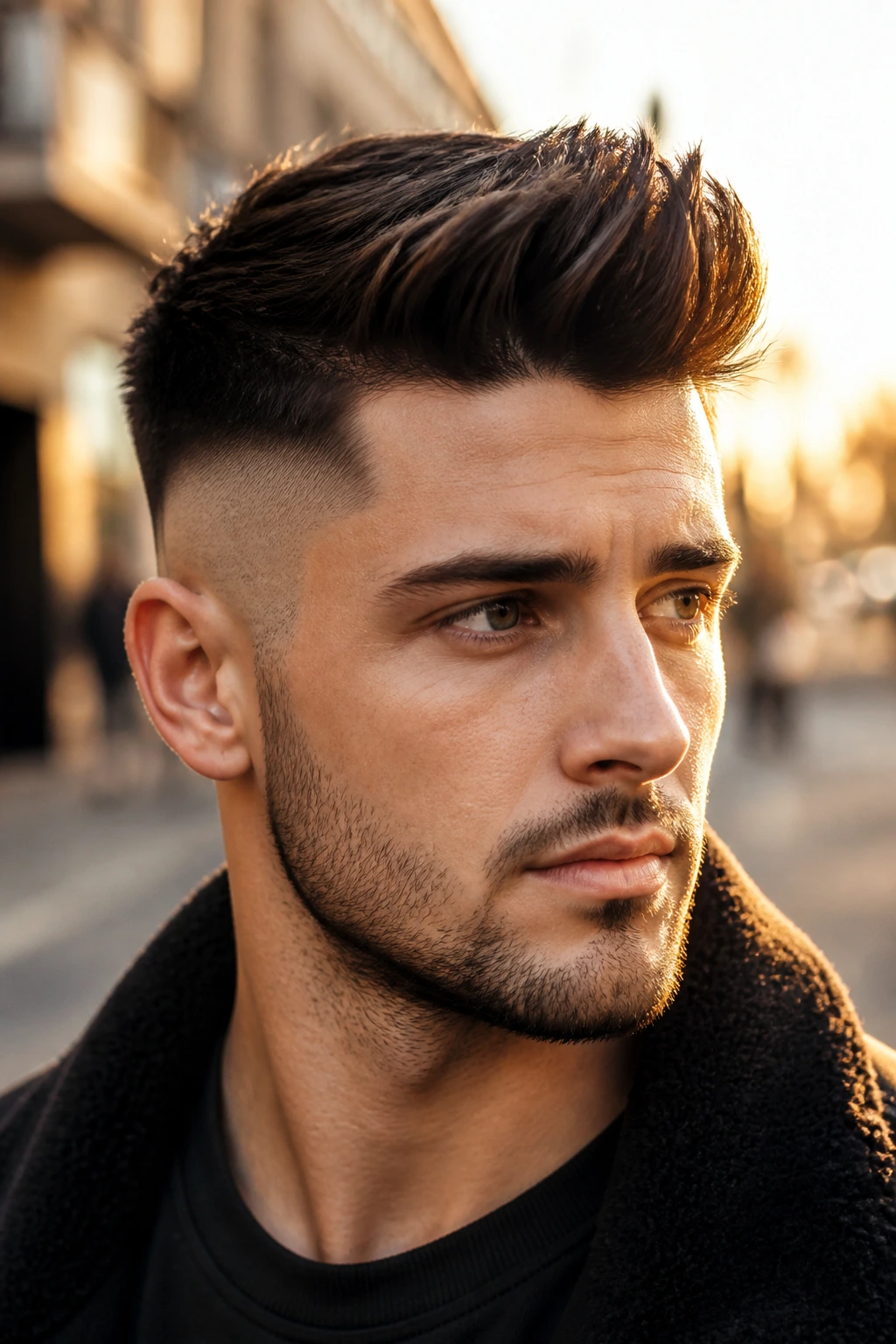 Close-up portrait of a man with a disconnected short quiff and sharp top-to-sides contrast