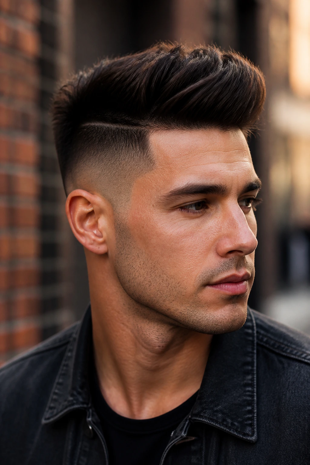 Close-up of a man with disconnected quiff outdoors