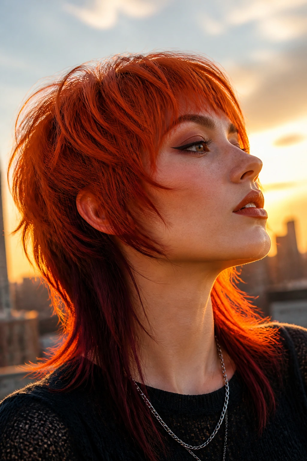 Portrait of woman with disconnected red shag with underlayers