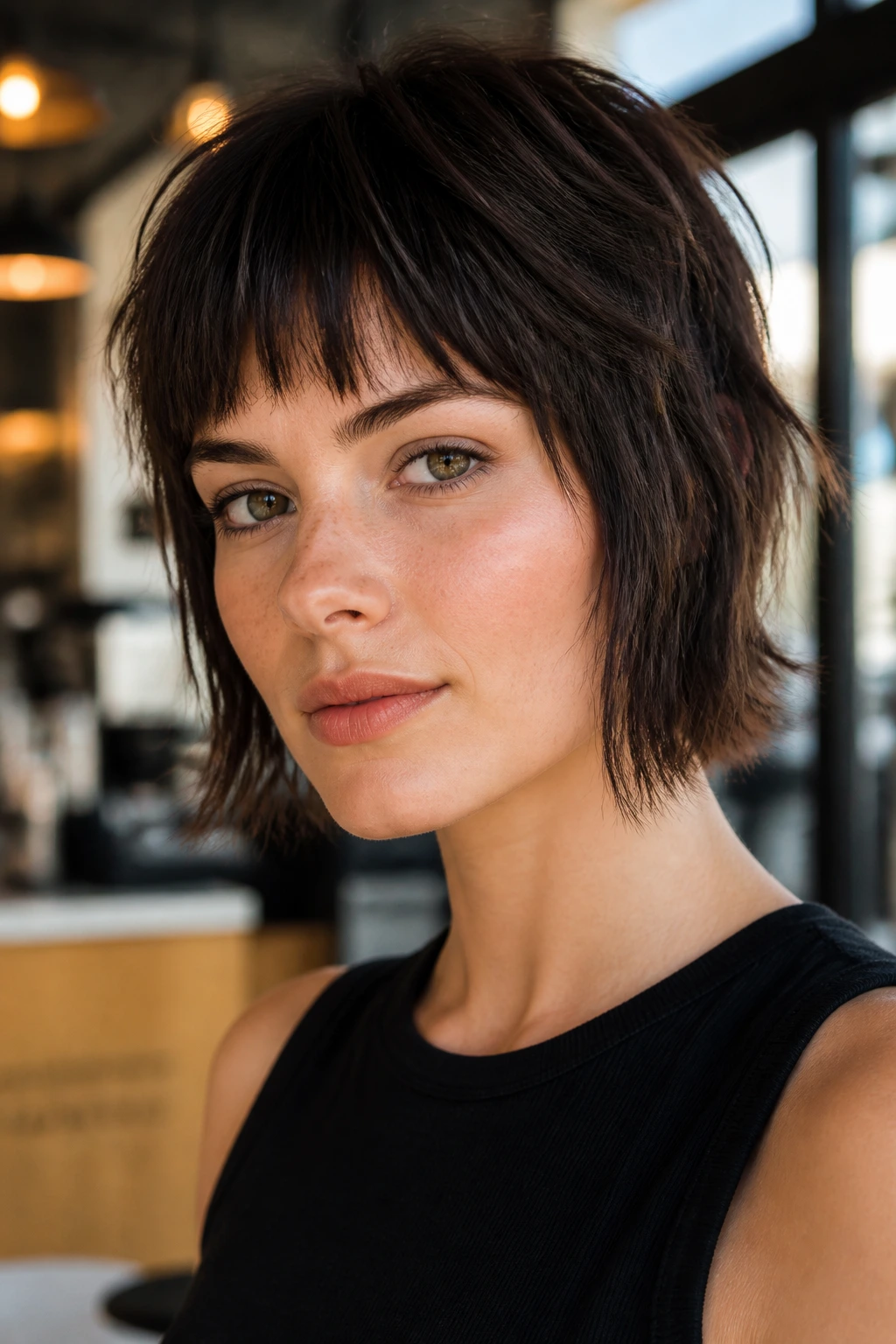 Close-up portrait of a woman with a disconnected shag bob and choppy bangs on straight hair in a cafe setting